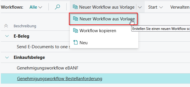 Workflow aus Vorlage wählen